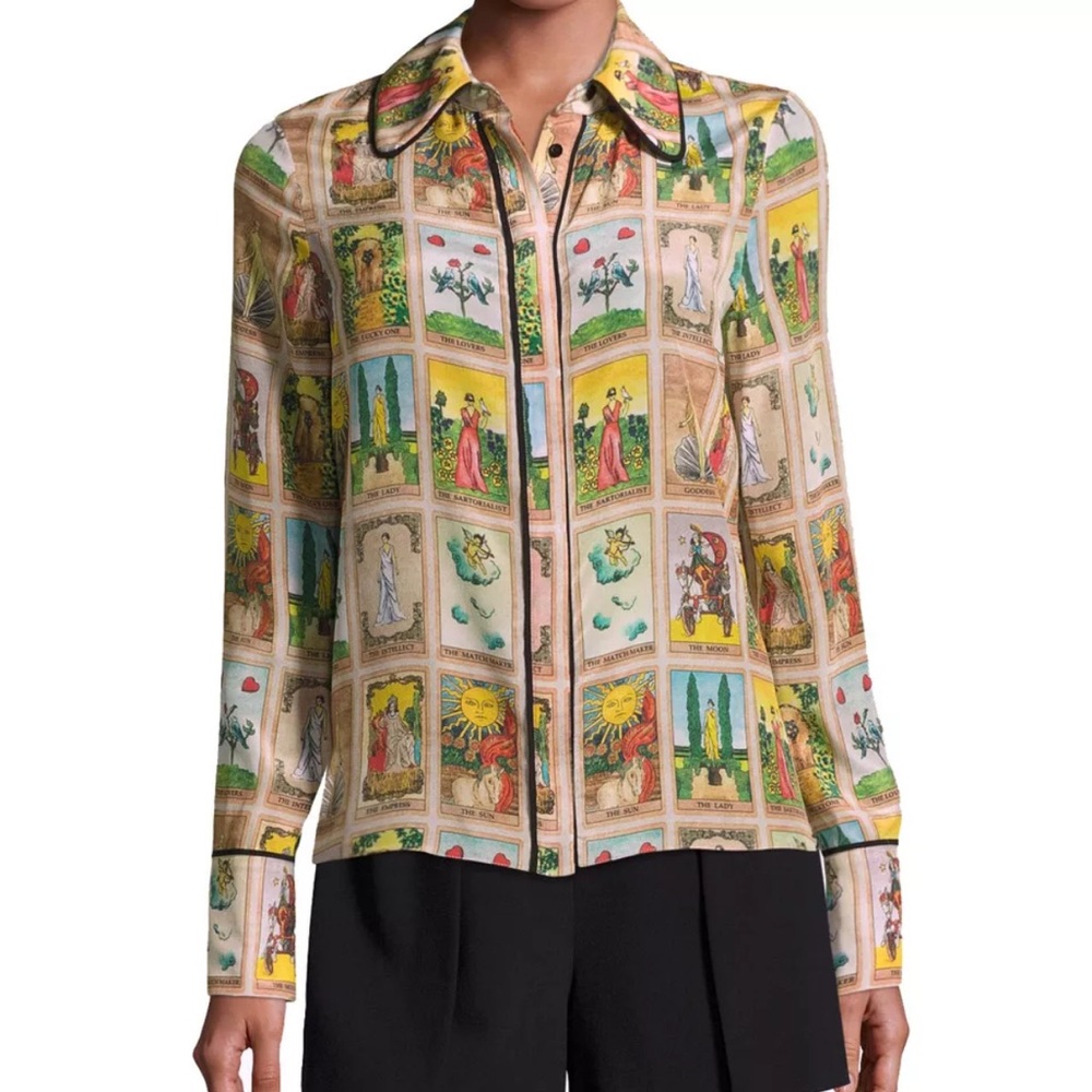 Alice + Olivia Tarot Card Alfie Silk Blouse Collared Top Mystical Print Shirt XS